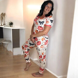 Shirley & Stone Pumpkin‎ Pajama Set Loungewear V Neck Top and Pants Fall Women